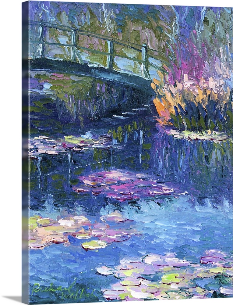 Contemporary painting of water lilies under a bridge in a pond.