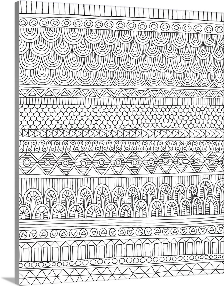 Black and white line art with horizontal designed line patterns.