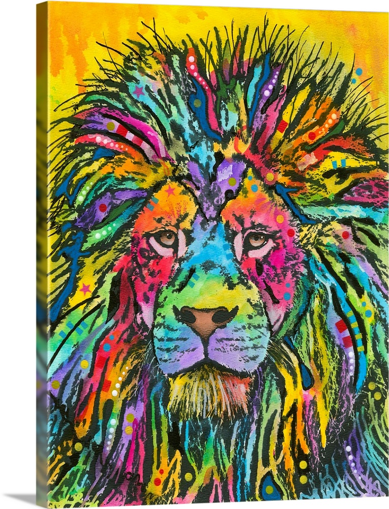Colorful painting of a lion with abstract markings on a yellow background with paint drips.