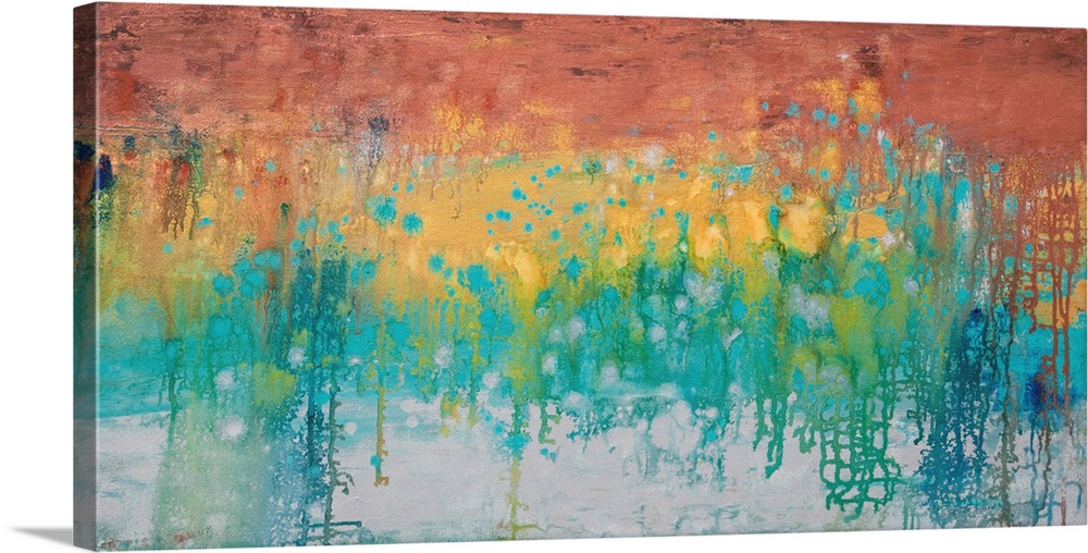 A contemporary abstract painting using a spectrum of color in a horizontal formation.