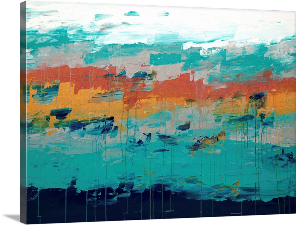 A contemporary abstract painting muted tones of orange and turquoise.