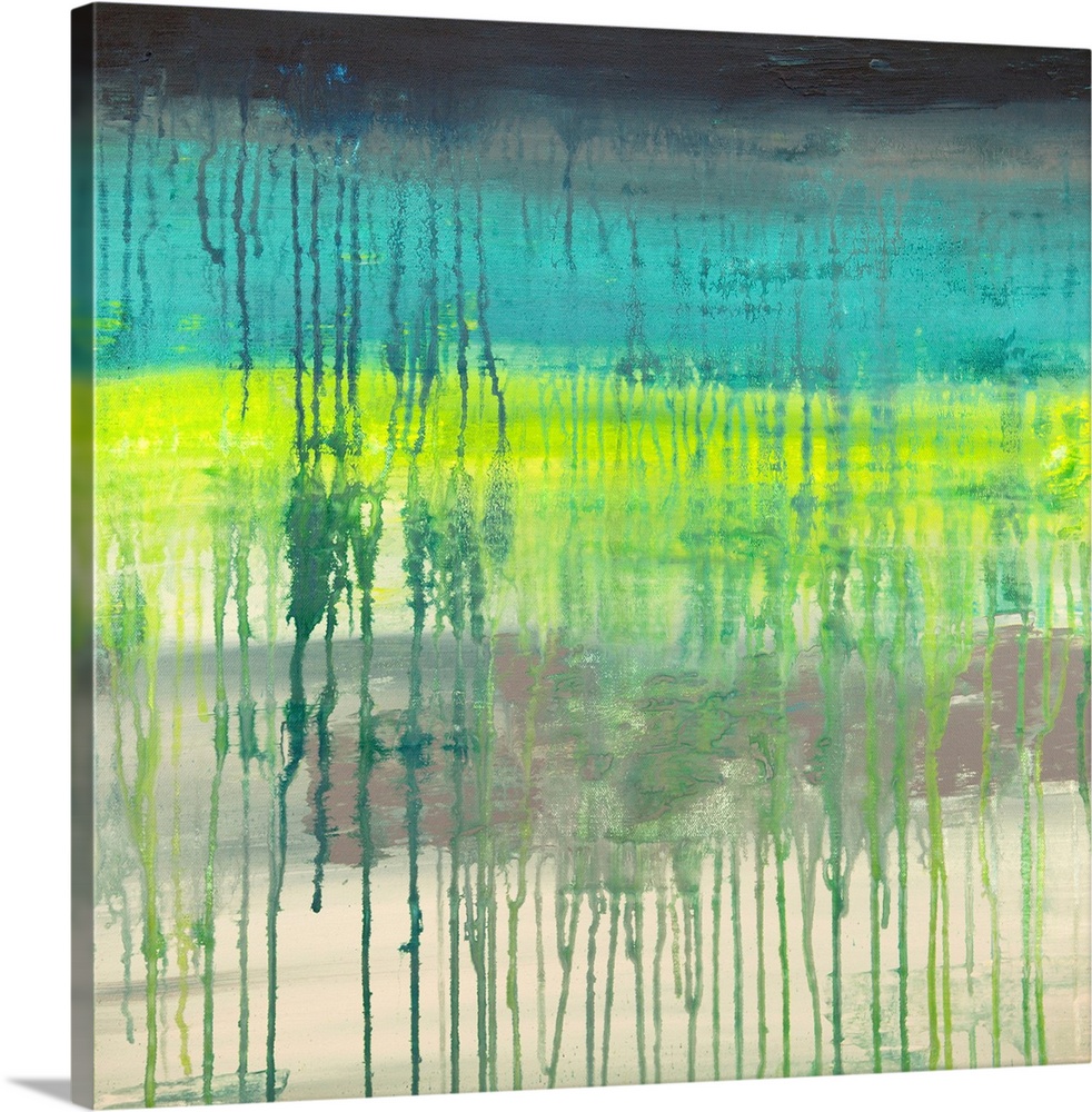 Contemporary abstract painting using neon lime green and teal with dark paint drips from the top of the image.