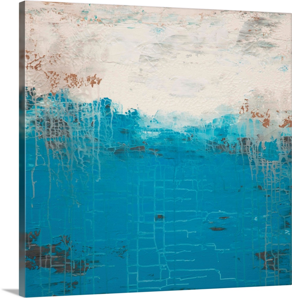 Contemporary abstract painting in white and blue.