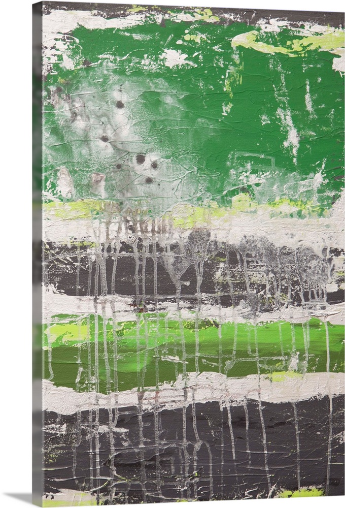 Contemporary abstract painting in green, white, and grey.
