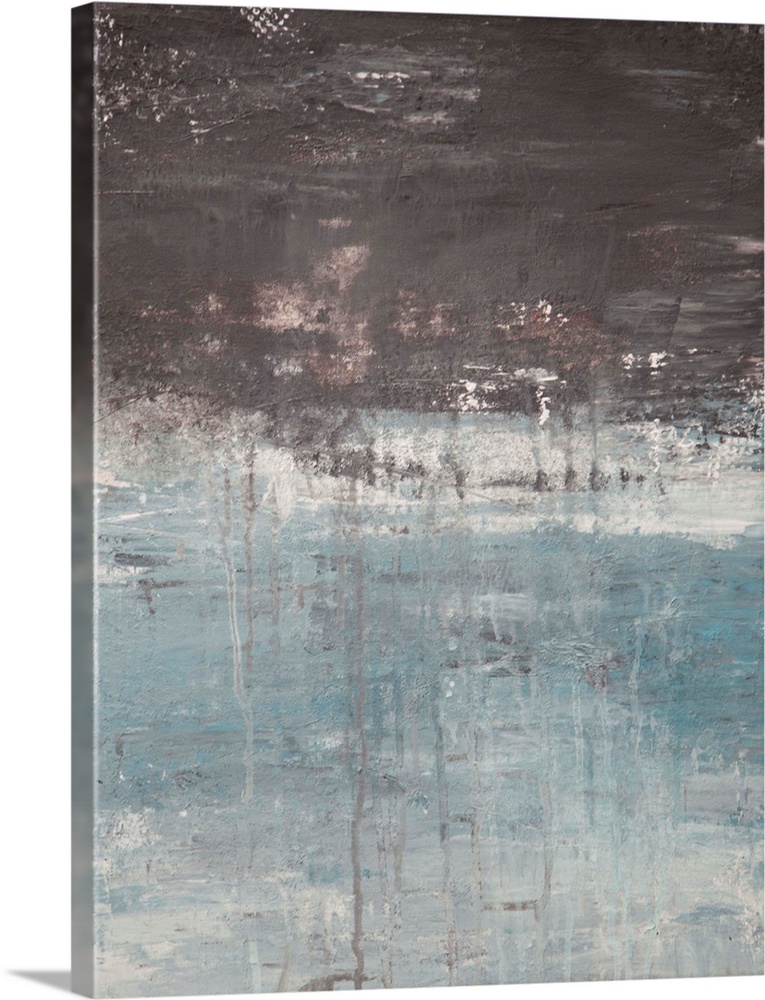 Contemporary abstract painting in grey tones, resembling cloudy skies.