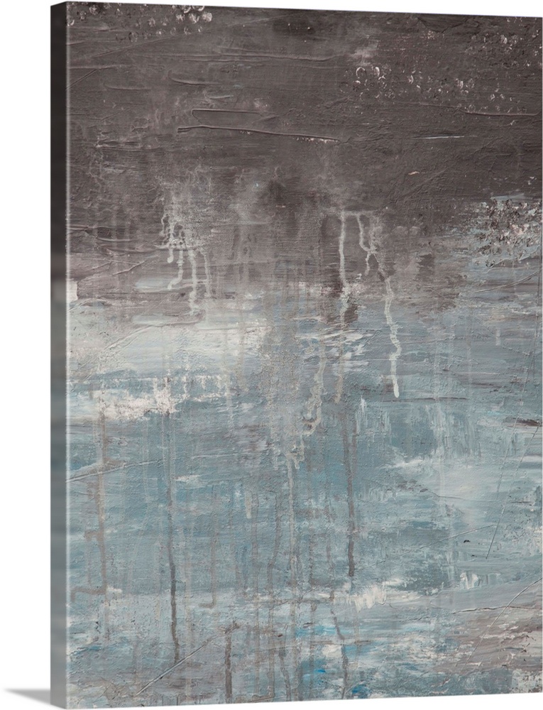 Contemporary abstract painting in grey tones, resembling cloudy skies.