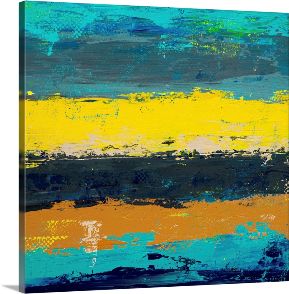 Contemporary abstract painting in yellow and turquoise.