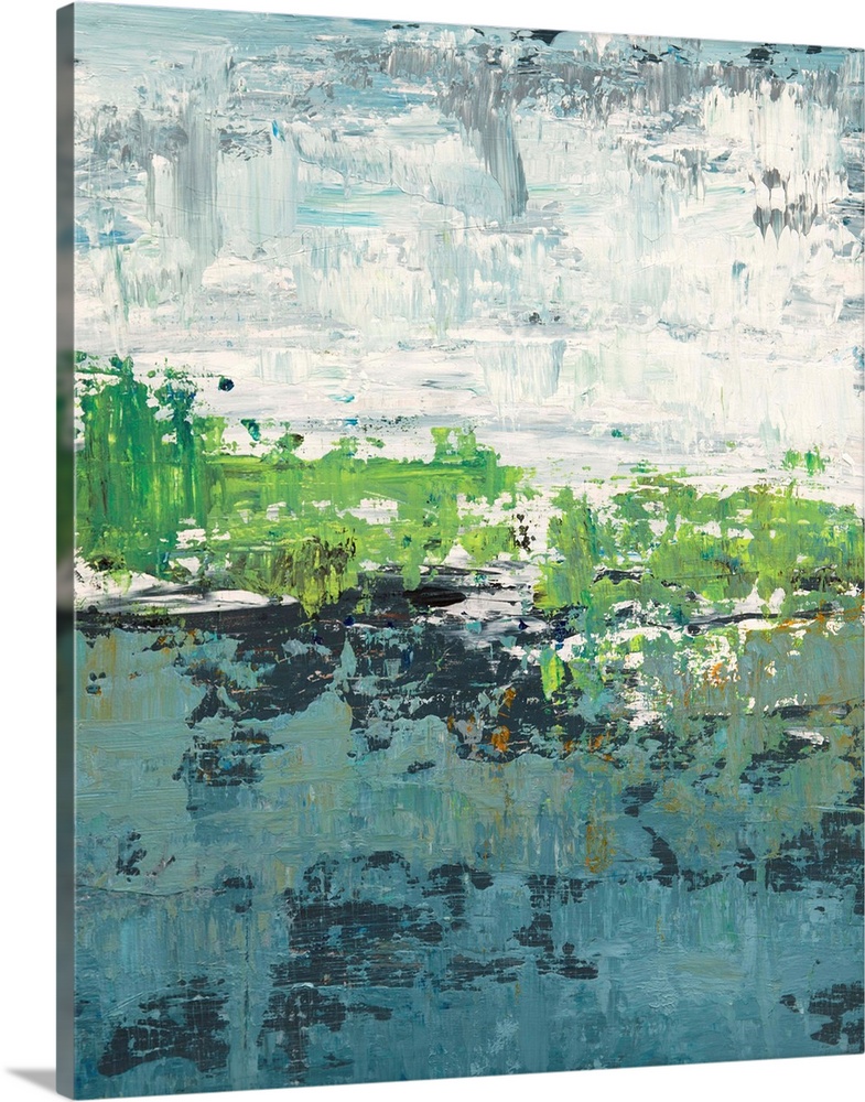 Contemporary abstract painting in grey, green, and white.