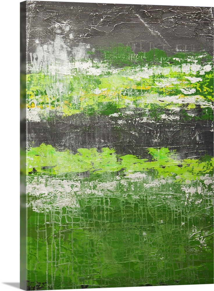 Contemporary abstract painting in green and grey.