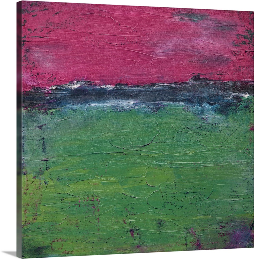 Contemporary abstract painting in green and fuchsia.