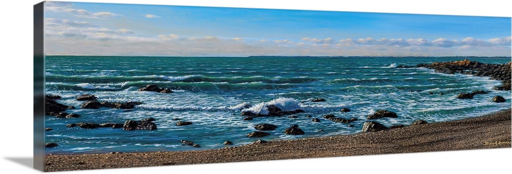 Contemporary painting of waves splashing on a sandy beach.