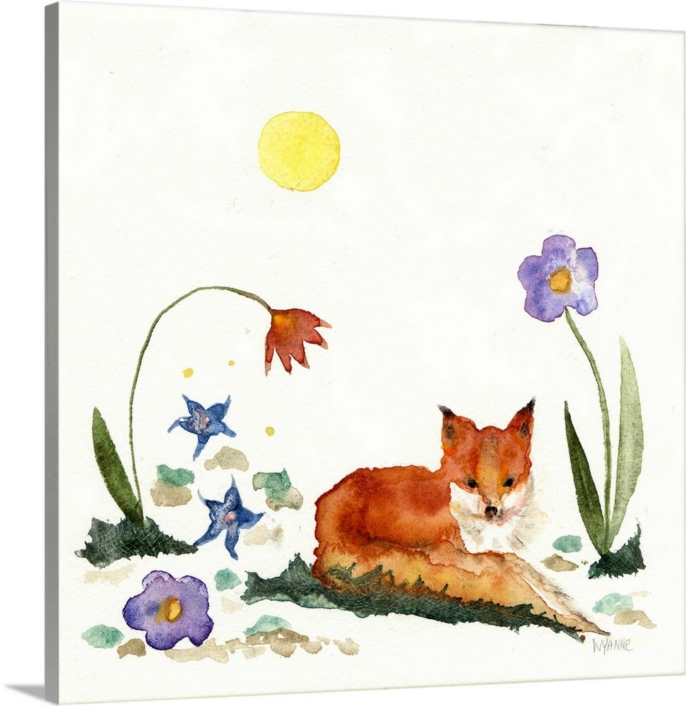 A watercolor painting of a fox lying down next to flowers.