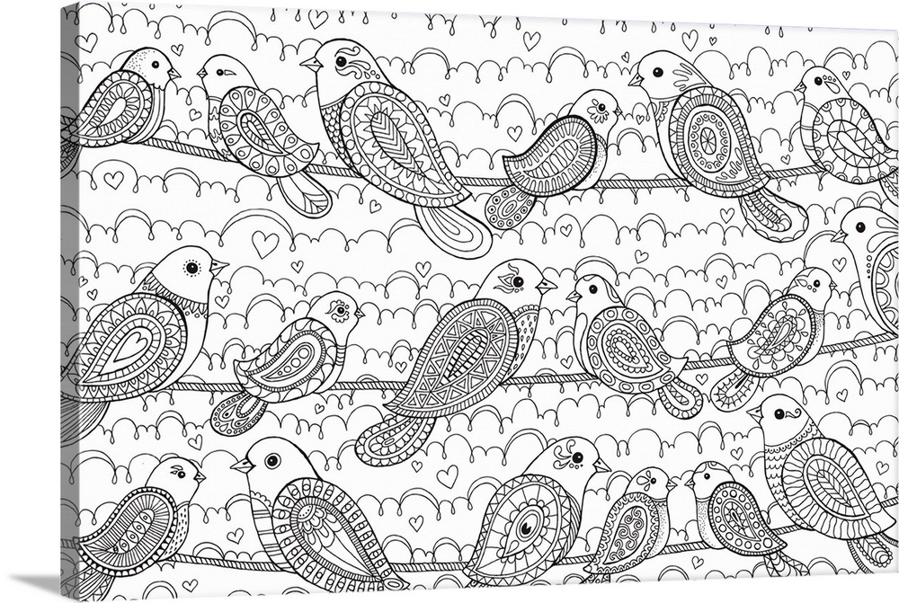 Black and white line art of uniquely designed birds in three rows sitting on wires.