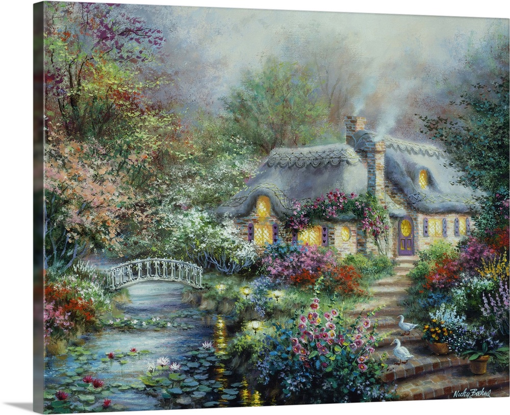 Painting of a thatched cottage next to a stream. Product is a painting reproduction only, and does not contain actual lights.
