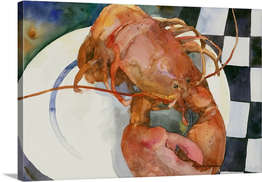 Contemporary watercolor painting of a lobster on a dinner plate.