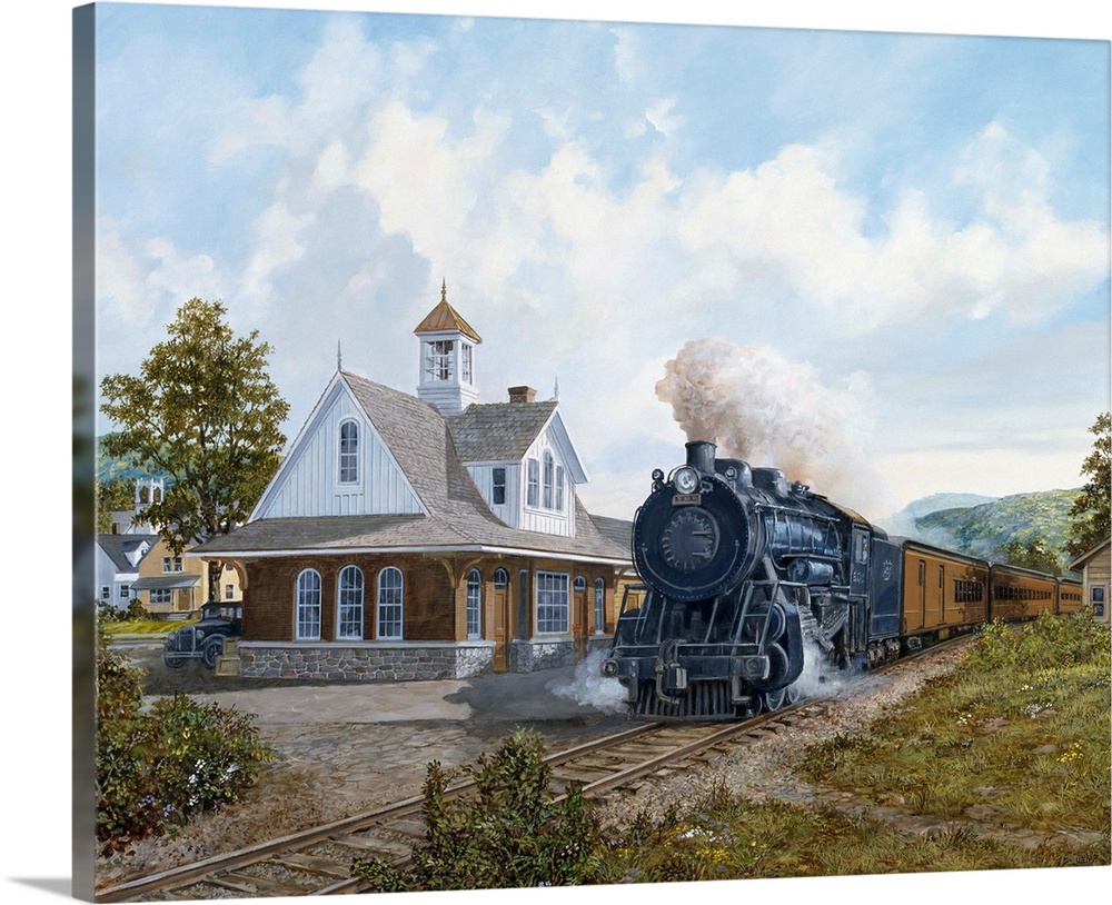 Painting of a train pulling into the station in a rural area.