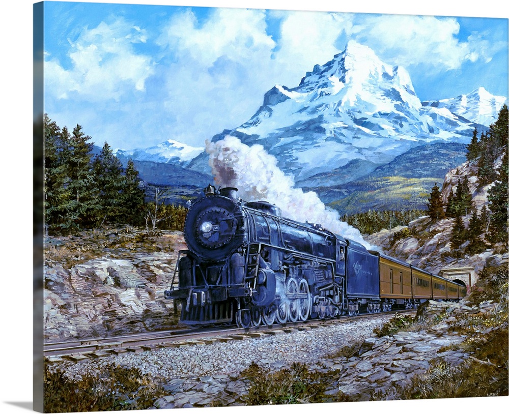 Contemporary painting of a locomotive passing through an idyllic mountainous landscape.