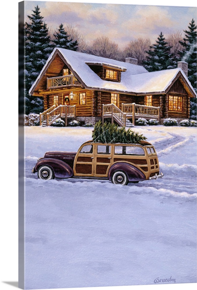 An old woody station wagon, with a christmas tree on top, parked in front of a log cabin with a wreath on the door.