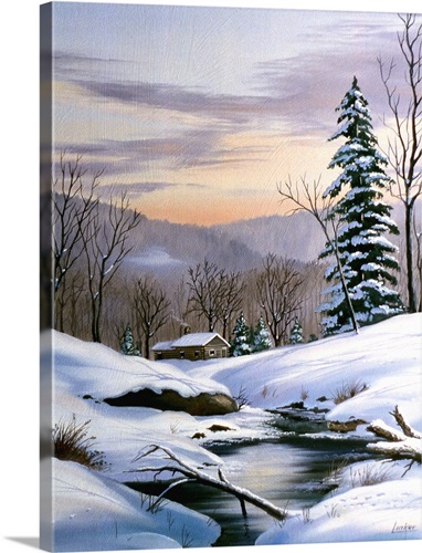 Log Cabin On Winter Stream In Early Evening Wall Art, Canvas Prints ...