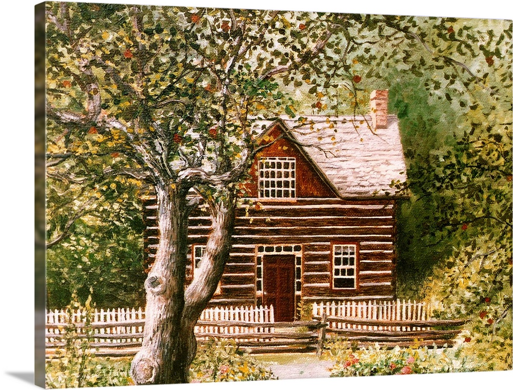 Contemporary artwork of a log cabin behind a fence and a tree.