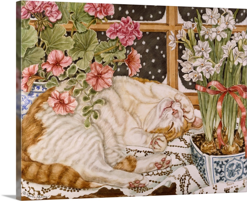 Painting of a cat sleeping on a table next to vases of flowers.