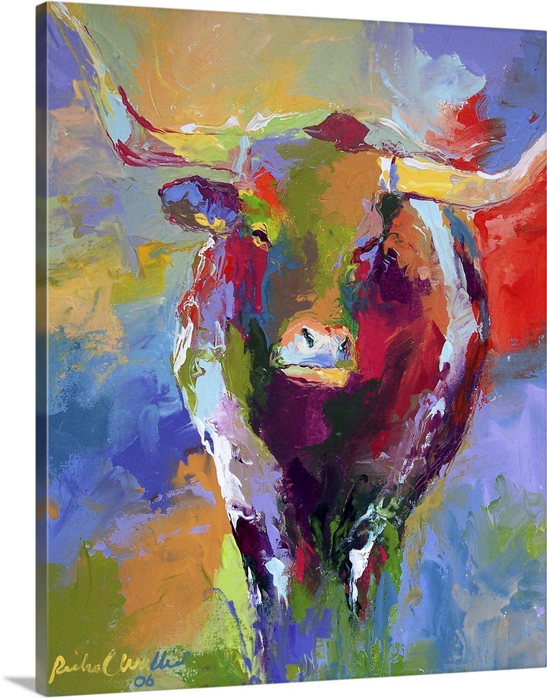 Contemporary vibrant colorful painting of a bull with large horns.