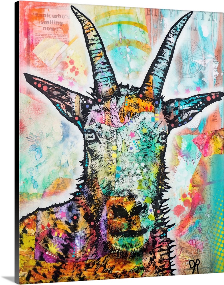 Painted portrait of a goat on a colorfully designed background.