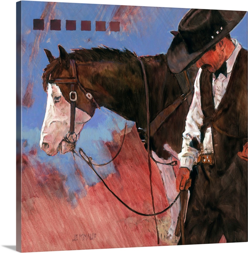 Contemporary western theme painting of a cowboy standing beside his horse.