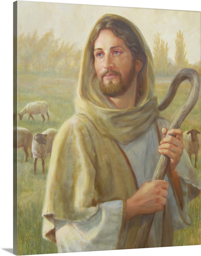 Jesus Christ as a shepherd in a field, holding a crook.
