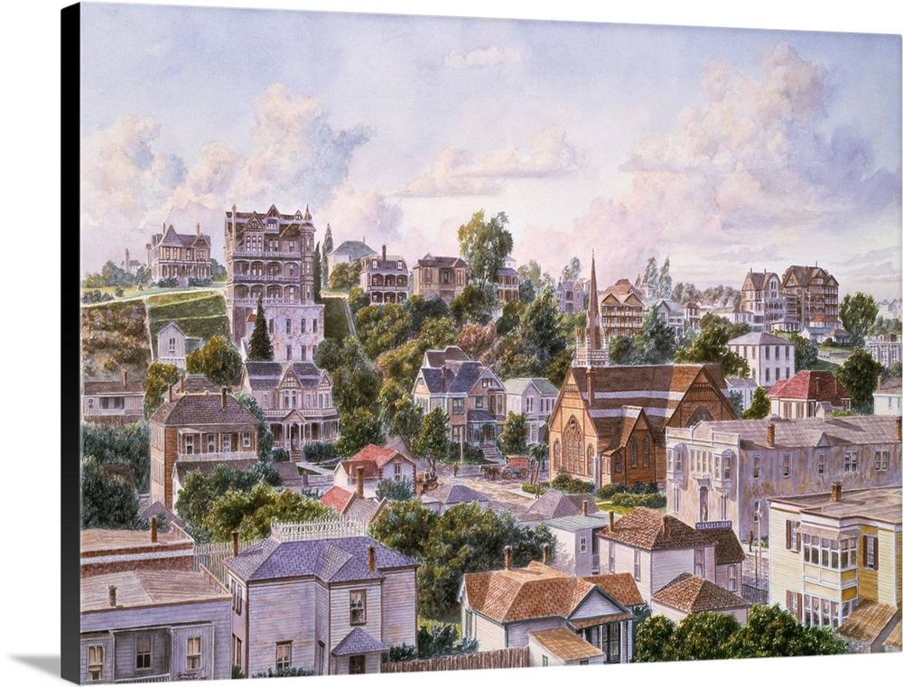 Contemporary painting of a cityscape view of Bunker Hill in Los Angeles California.
