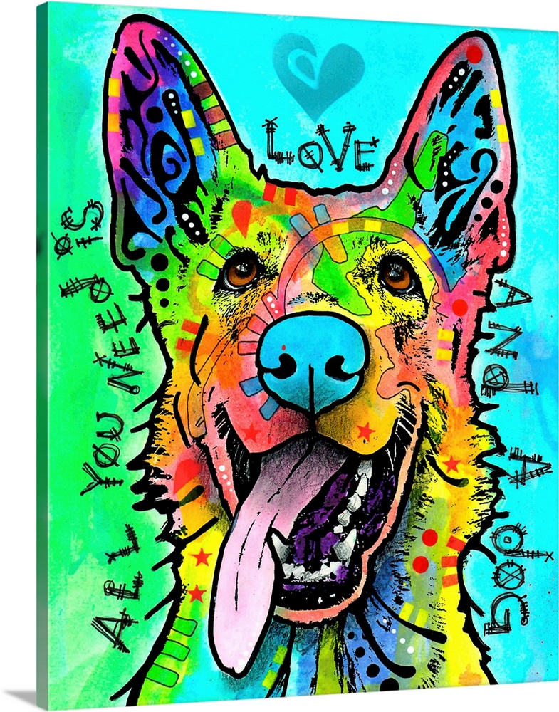 "All You Need is Love and a Dog" handwritten around a colorful Canaan dog on a blue and green background.