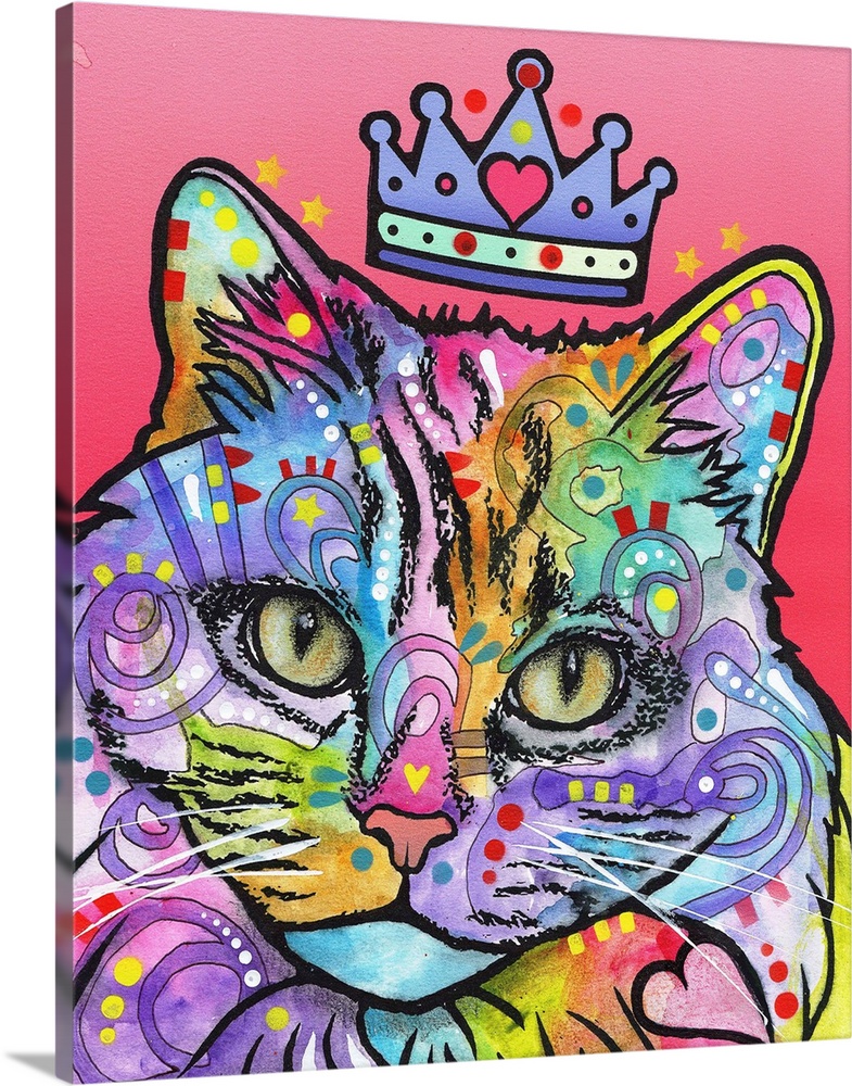 Colorful illustration of a princess cat wearing a crown and covered in abstract markings on a pink background.