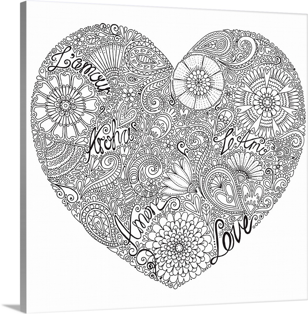 Black and white line art made out of flowers creating a heart shape with the word "love" written inside in different langu...