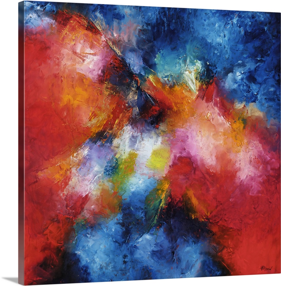 Contemporary abstract painting using wild and vibrant splashes of color.