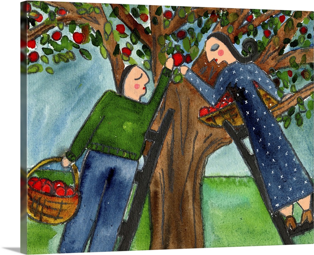 A couple in love picking apples from an apple tree.