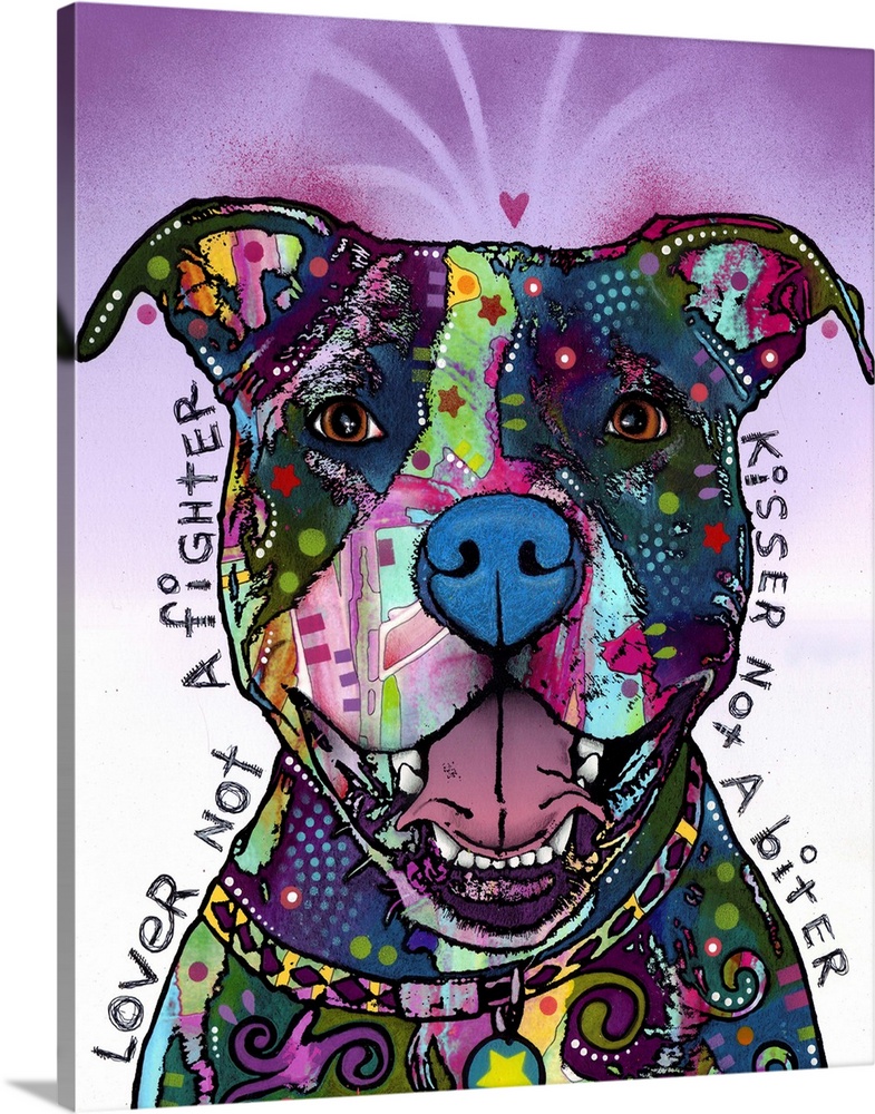 Painting in an abstract manner of a dog created with various patterns and colors and text written on both sides.
