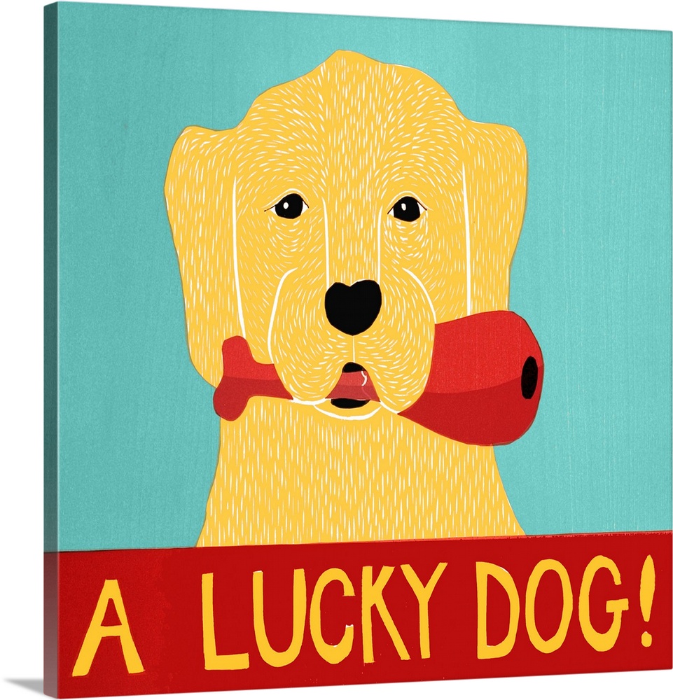 Illustration of a yellow lab with a chicken leg in its mouth with the phrase "A Lucky Dog!" written at the bottom.