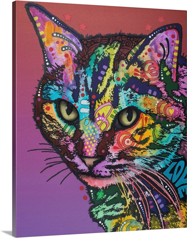 Colorful illustration of a cat with abstract designs all over on a maroon to purple gradient background.