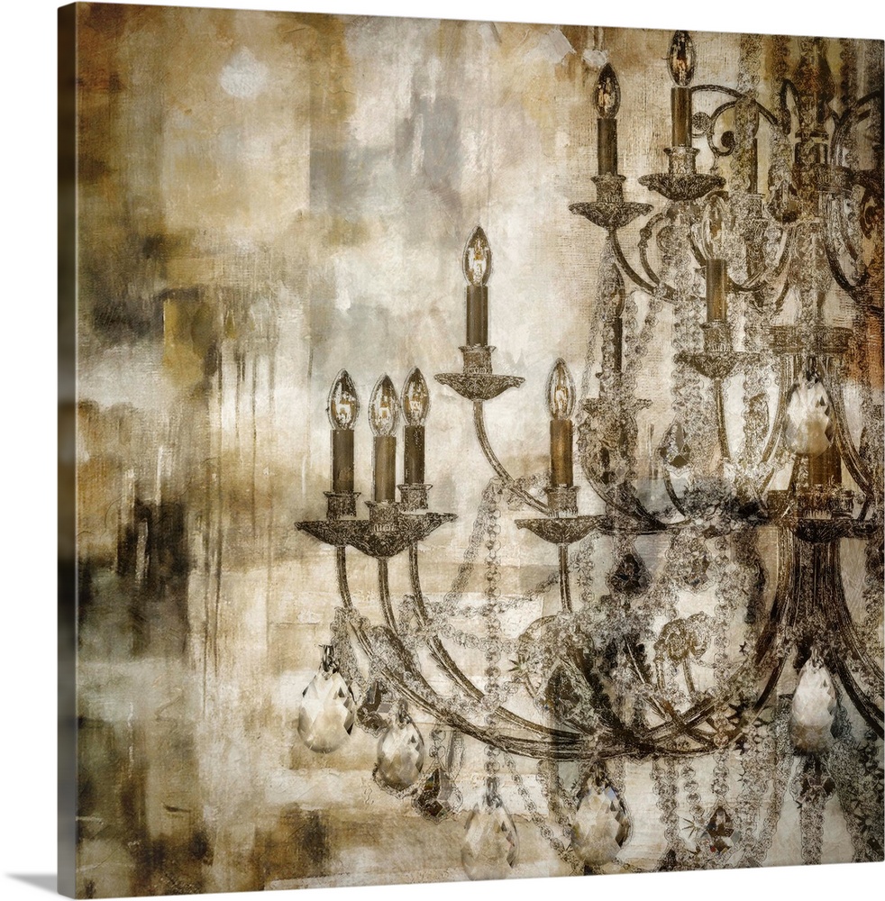 Monochromatic wall docor featuring a crystal chandelier atop a distressed, grunge background.