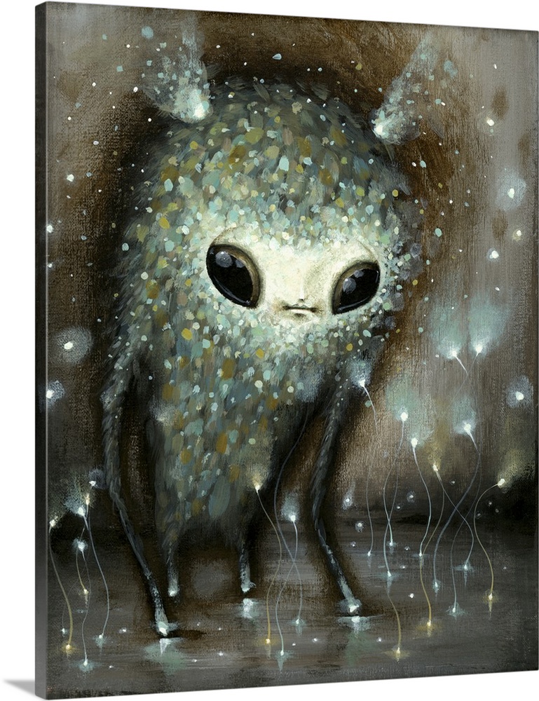Surrealist painting of a creature with glowing scales of light, surrounded by floating glowing light.