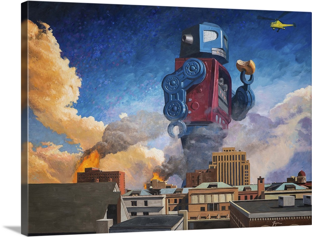 A contemporary painting of a giant retro toy robot eating a donut and walking through a burning city.