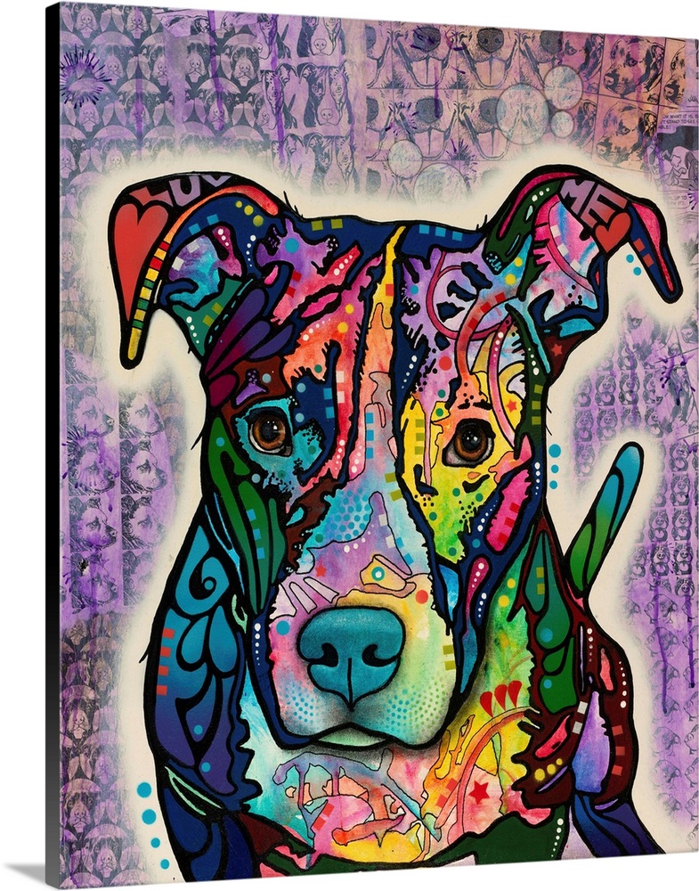 Colorful painting of a pit bull with abstract markings on a purple background with faint black dog illustrations.
