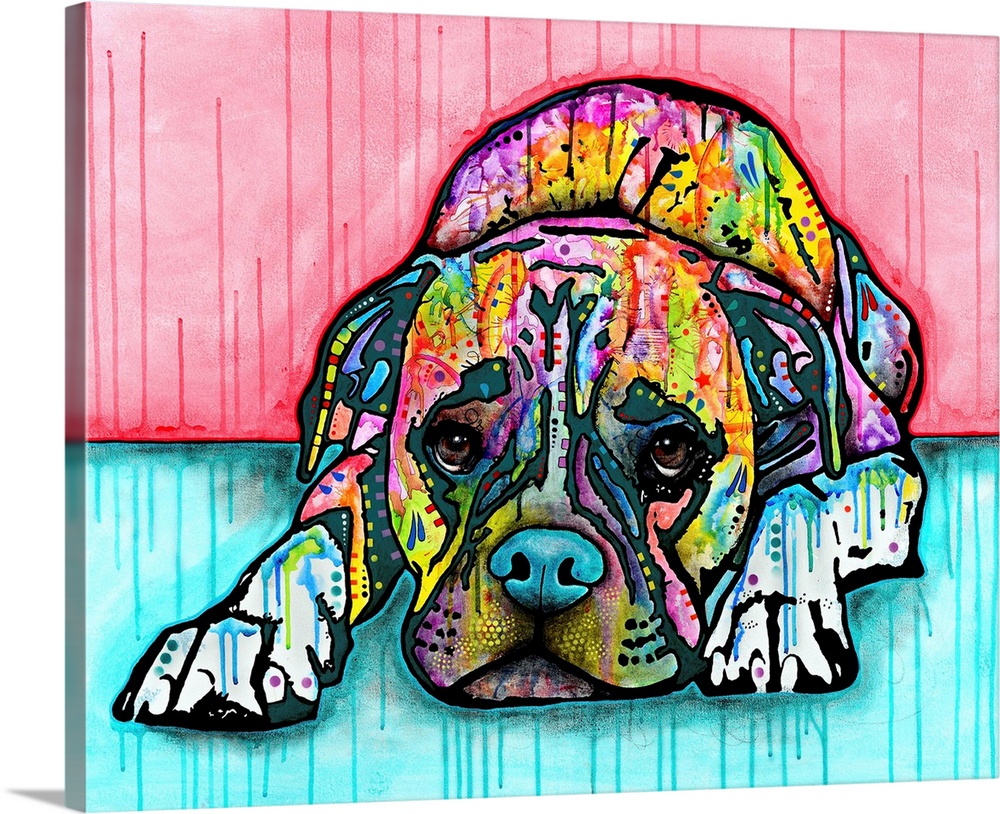 Colorful painting of a boxer lying down on the ground with a sad look on ts face and paint drips on the background.