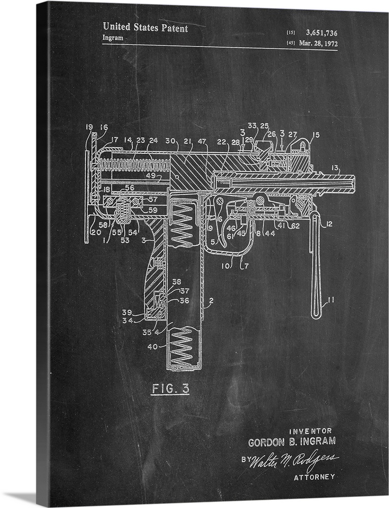 Black and white diagram showing the parts of a machine gun.