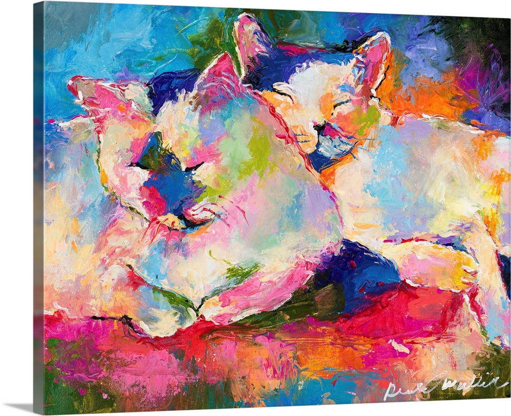Colorful abstract painting of two cats snuggling and sleeping together.