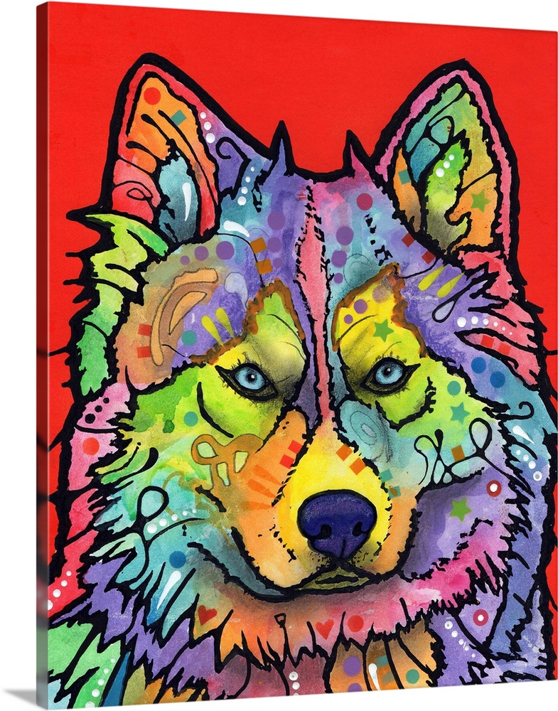 Colorful painting of a wolf with abstract markings on a bright red background.