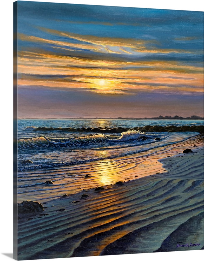 Contemporary artwork of a beach and ocean views at sunset
