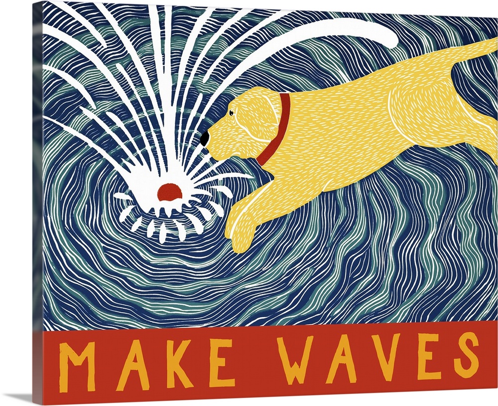 Illustration of a yellow lab jumping in water to fetch its red ball with the phrase "Make Waves" written on the bottom.