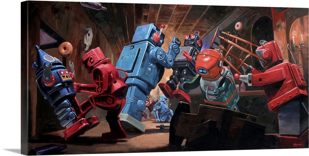 A contemporary painting of a retro toy robot bar fight with chairs and donuts flying through the air.