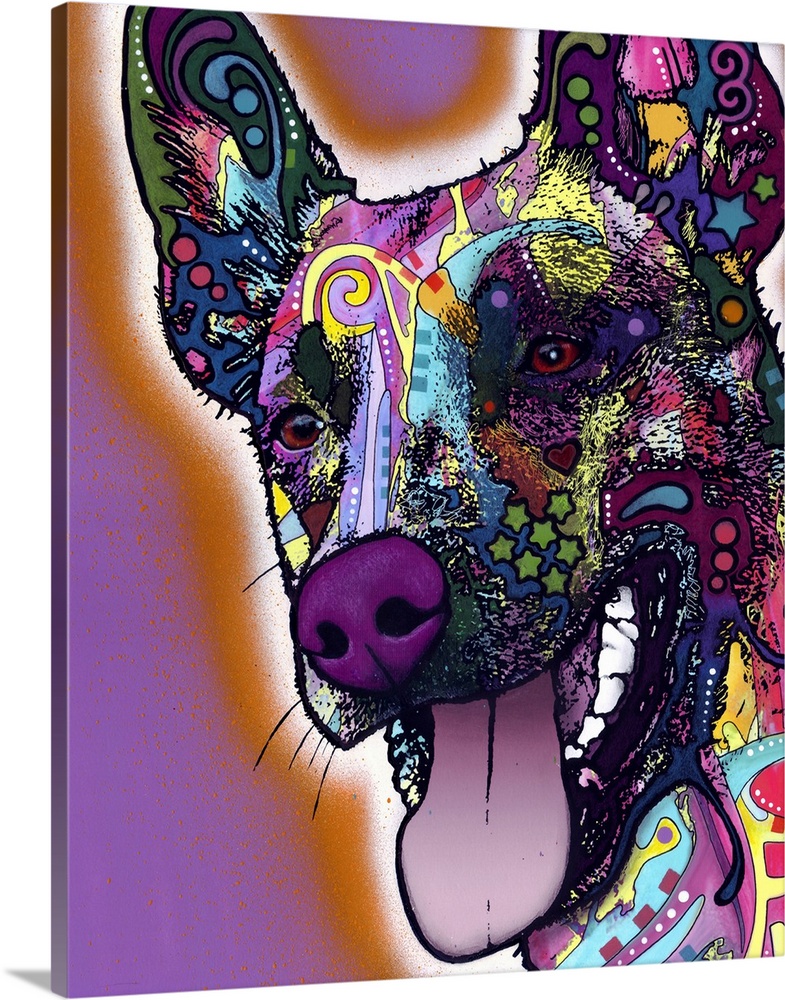 Contemporary artwork that uses different designs and colors over the face of a dog.